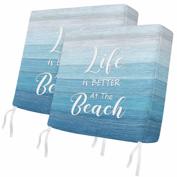 Outdoor Patio Cushion Covers 2 Pack Life Is Better at The Beach Chair Pads Slipcovers with Ties & Zipper Waterproof Seat Cover Blue Wood Grain Seat Cushion Covers for Outdoor Couch Sofa 24x24 Inch