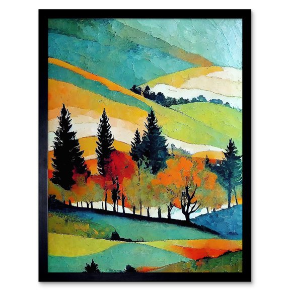 Colourful Autumn Landscape Scotland Hillside Forest Oil Painting Art Print Framed Poster Wall Decor 12x16 inch