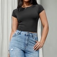 thumbnail image 4 of JYLFC Casual Crew Neck T-shirt for Woman Short Sleeves Stretchy Crop Top Slim Fit Solid Tee Tops Summer, Black L, 4 of 7