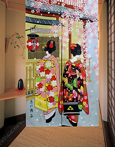 LIGICKY Noren Rideau de Porte Long Style Japonais Kyoto Geisha Danse avec Fleurs de Cerisier 85 x 150 cm