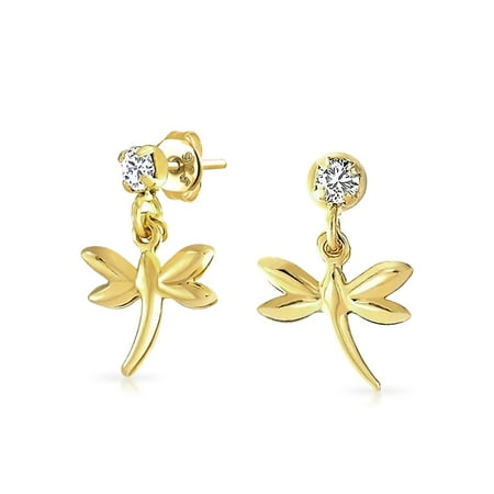 - Dragonfly Garden Flower Insect Colorless Crystal Dangle Earrings 18K Gold Plated Brass