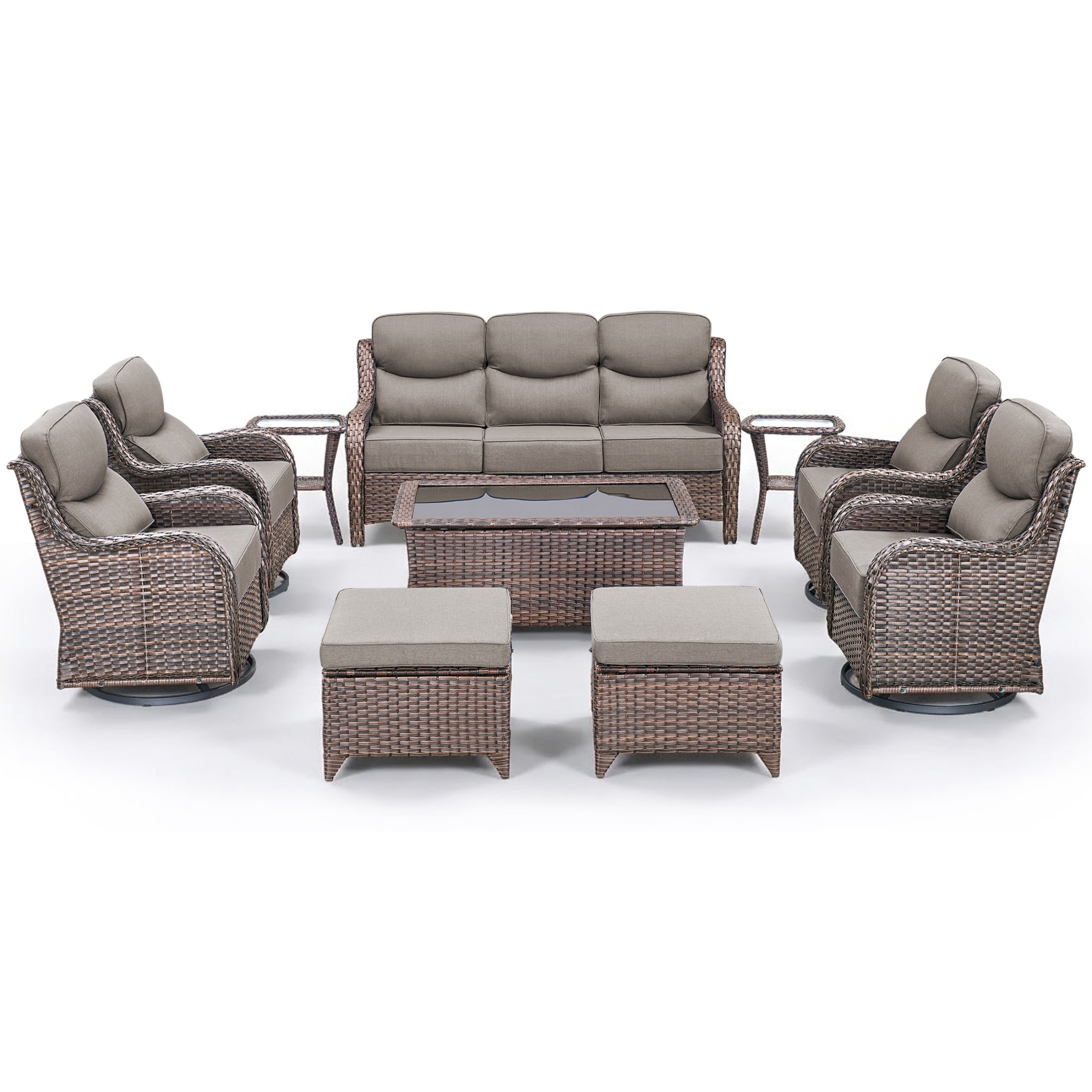 Unnifurnzi 10 Pieces Wicker Outdoor Furniture-Outdoor Swivel Chairs Set of 4 with 6 Inch Thick Cushions Outdoor Couch with Outdoor Ottoman Patio Furniture Set for Deck Porch Poolside-Brown/Gray
