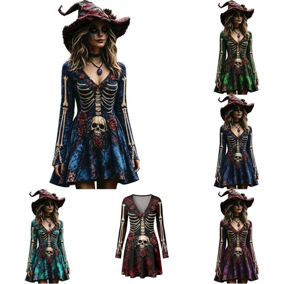 Xijirk Women Halloween Skull Skeleton Rose Print Dress with V Neck Long Flare Sleeve Fit and Flare Mini Dress for Witch Cosplay Halloween Party
