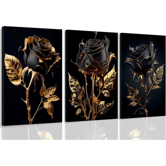 FCCUYE Moody Floral Wall Art Framed, 3Pcs Vintage Black and Gold Roses Canvas Wall Art, Dark Academia Floral Prints, Gothic Flower Pictures for Bedroom Living Room Decor, Elegant Botanical Home Decor