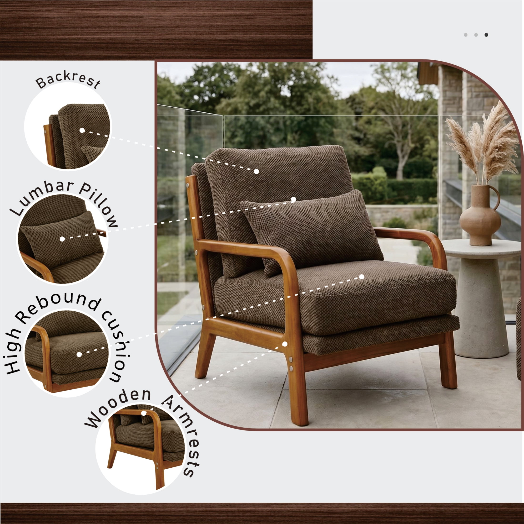 Noble House Mid-Century Modern Lounge Chair, Upholstered Accent Armchair with Solid Wood Frame, Coffee