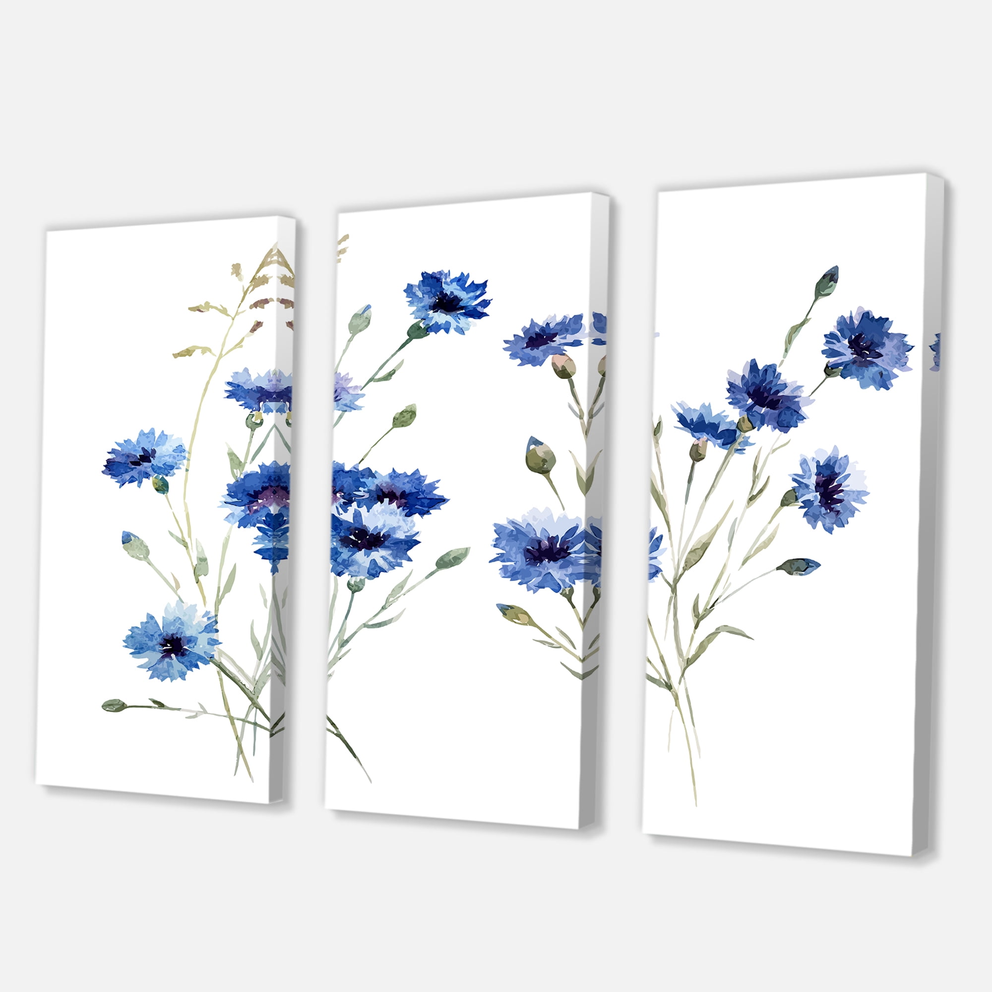Designart ' Blue Cornflowers With Green Leaves On White III ' Traditional Canvas Wall Art Print