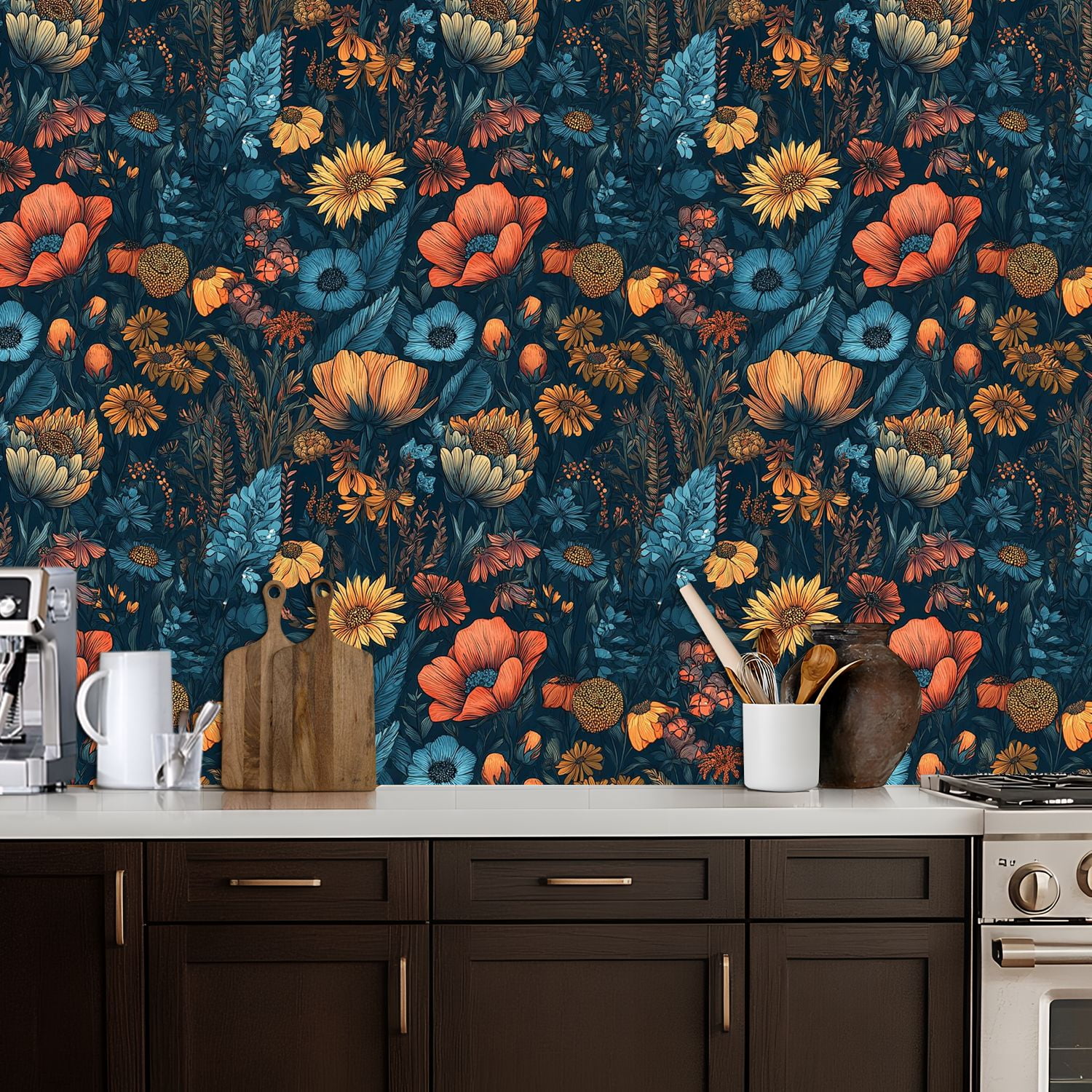 Vintage Peel and Stick Wallpaper 17.7in x 9.8ft Vintage Floral Sunflowers Blue Flowers Dark Contact Paper Vinyl Self-Adhesive Removable Wall Paper for Bedroom Kitchen Cabinet Renter Friendly