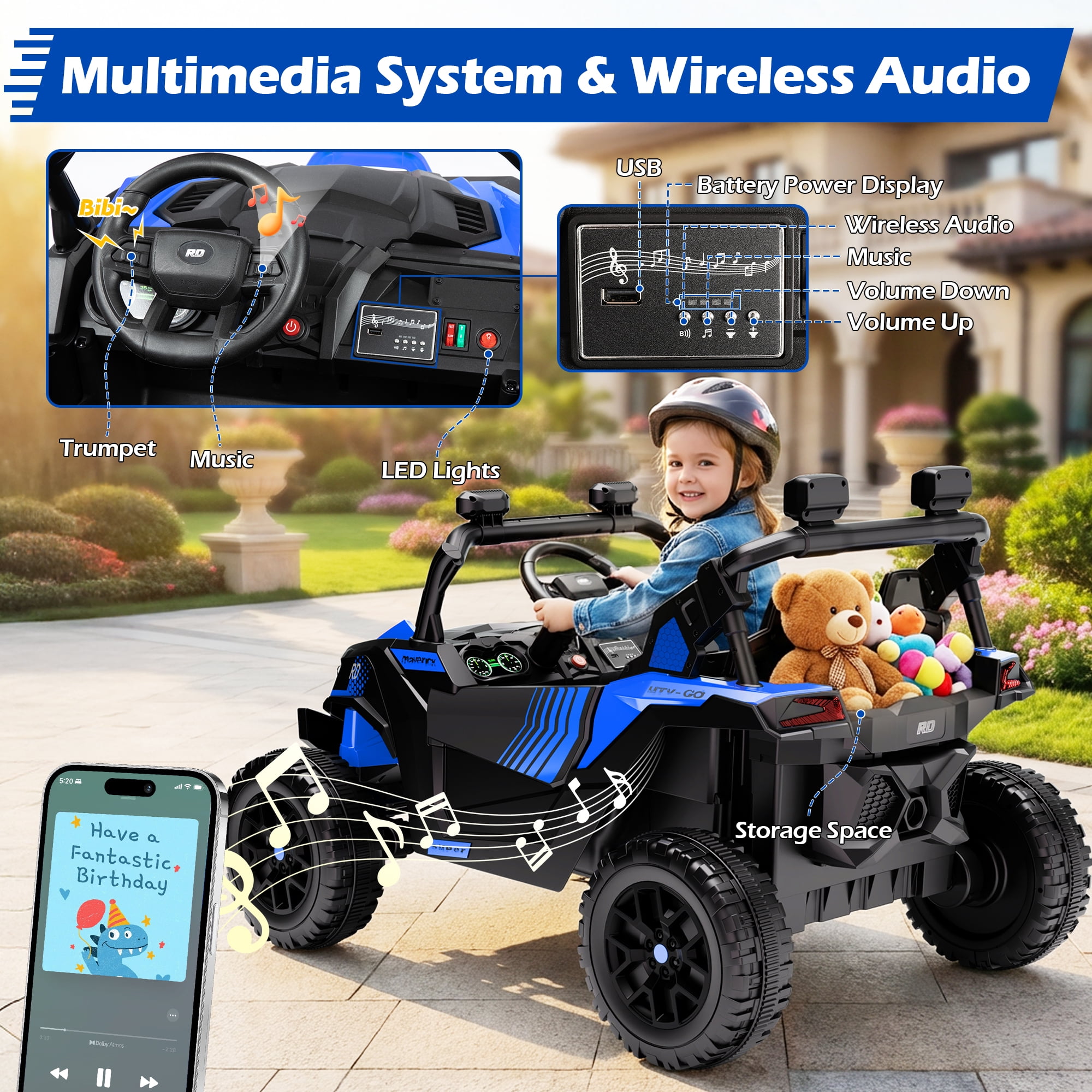 Wisairt 24V Ride on Toys 4WD Ride on Cars with Remote Control, 2 Seater Electric Car for Kids, Power Car Wheels, UTV w/ Four Motors, Music, LED Lights, Wireless Audio, 3 Speeds, Blue