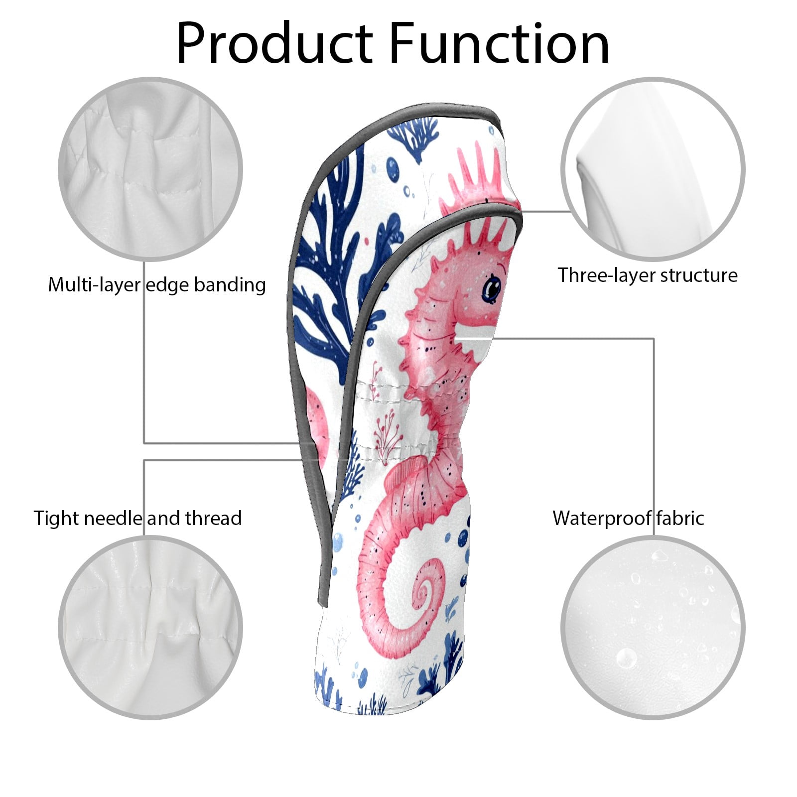Golf Club Covers PU Leather Waterproof Head Covers for Fairway Woods Hybrids Seahorse Pattern Unisex Fits Most Brands