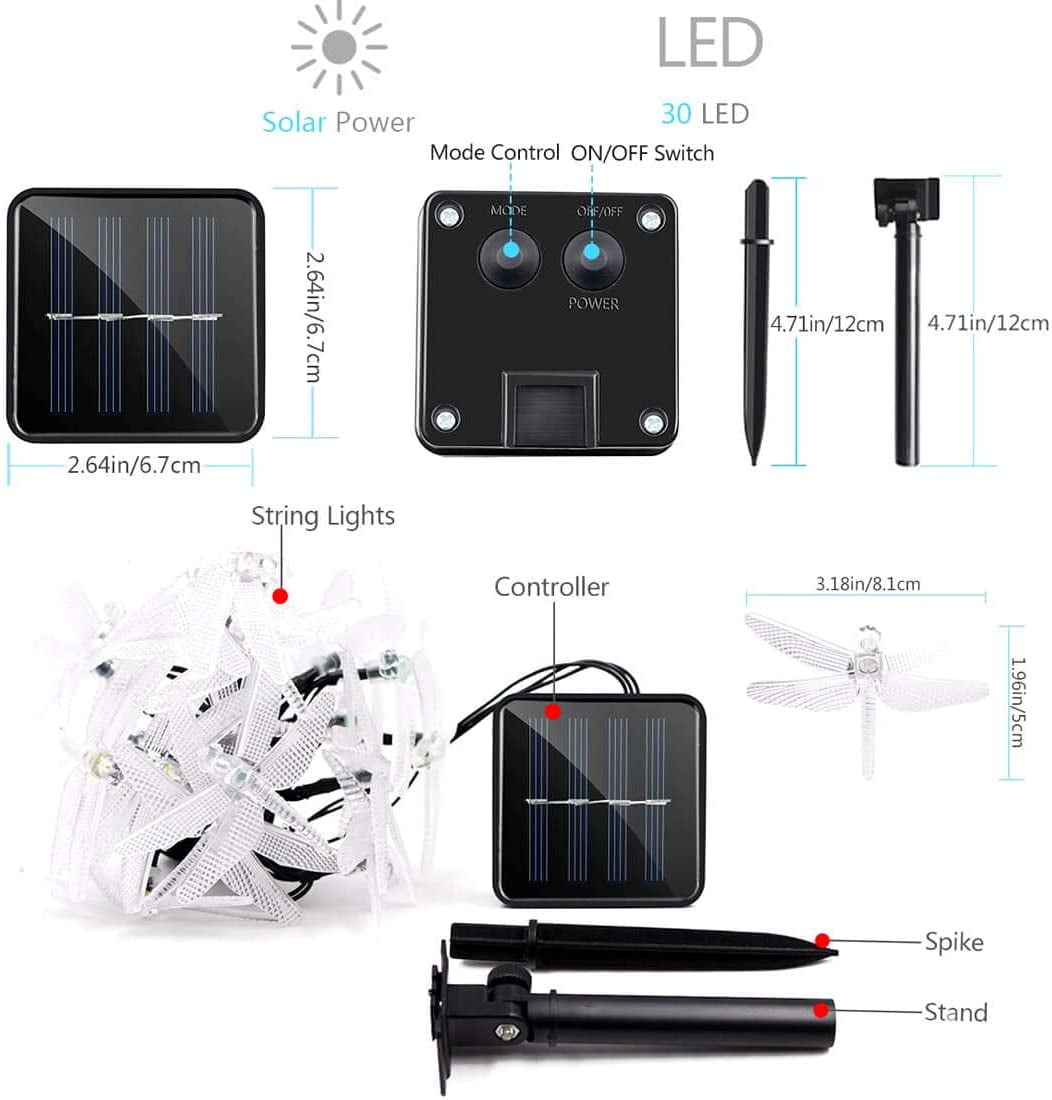 Solar Dragonfly Lights Outdoor 30 LED Dragonfly Lights Waterproof Decorative Lights String Dragonfly Yard Lights Solar Decorative Garden Warm White - White