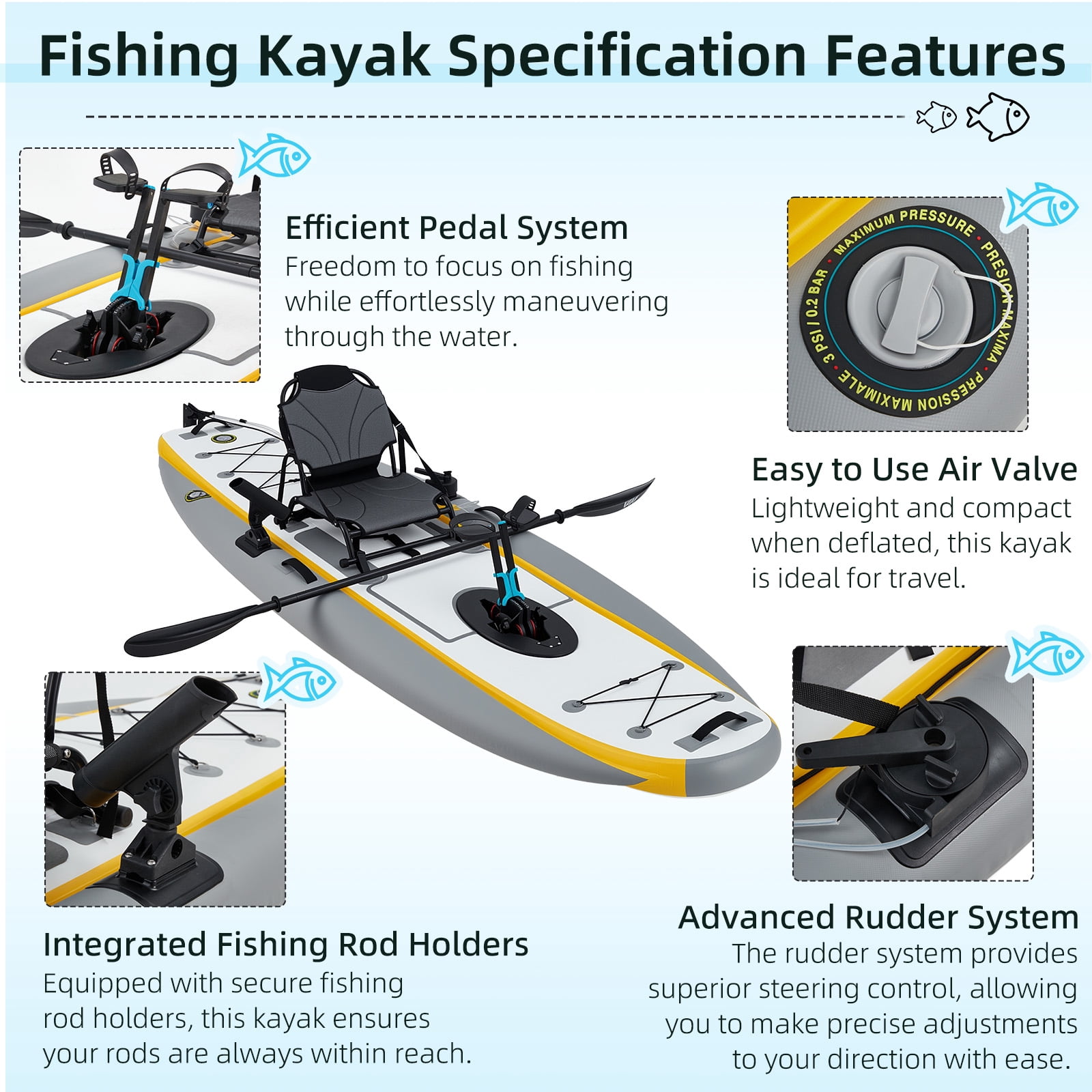 Bezliving 12ft Inflatable Kayak with Pedal System, Lightweight & Portable with Aluminum Seat, Rudder System, and Accessories Included, Yellow & Grey