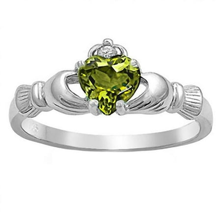 Liaden: 0.765ct Heart cut Simulated Peridot Ice CZ Claddagh Ring Sterling Silver sz 9.0