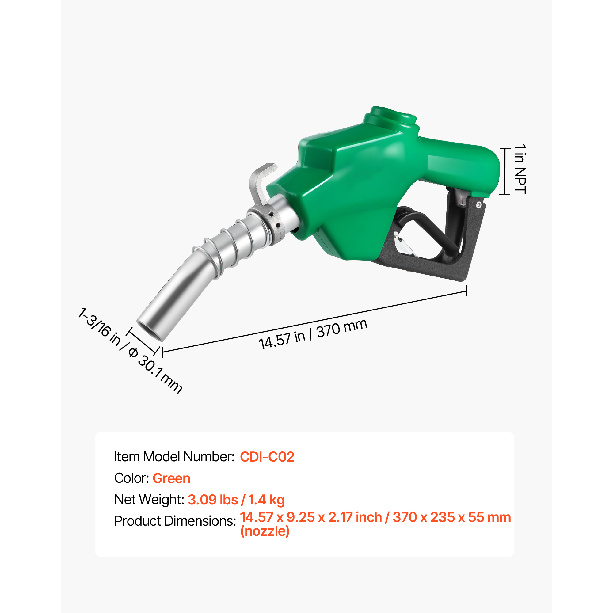 KFFKFF 1-Inch NPT Automatic Fuel Nozzle with Auto Shut-Off, 21.6 GPM Max Flow Rate, 3-Speed Trigger Lock, and 1-3/16 Inch Spout for Gasoline, Diesel, and Kerosene, Green