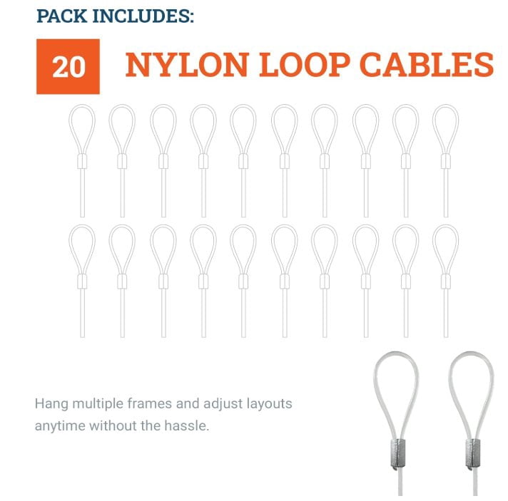 Picture Hang Solutions - 25-lb Capacity Nylon Loop Hanging Cables - 72-inch 2mm Hanging Wire - Gallery Hanging System (20 pieces per pack)