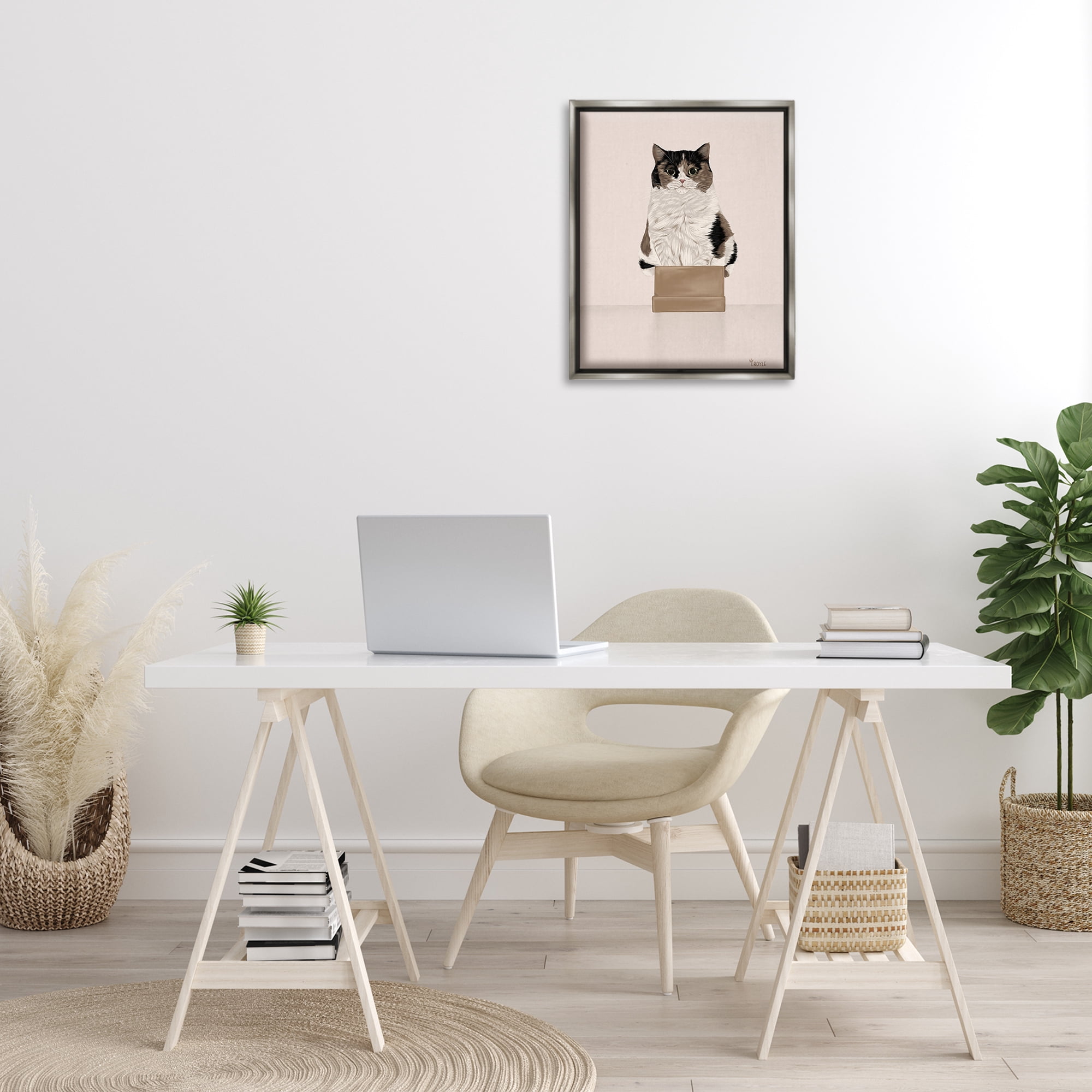 Stupell Industries Cat in Cardboard Box Animals & Insects Painting Gray Floater Framed Canvas Art Print Wall Art, 17 x 21