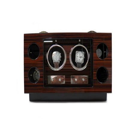 Bey-Berk Ebony Burl Wood 2-Watch Winder/4-Watch Case
