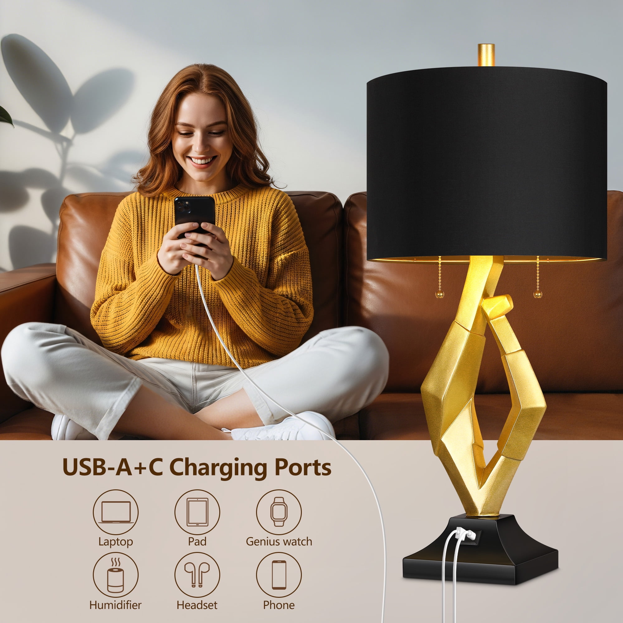 25.5in Gold Nightstand Resin Lamps with Black Shades, Contemporary Table Lamps for Bedside End Tables, 4 Bulbs Included (Gold)