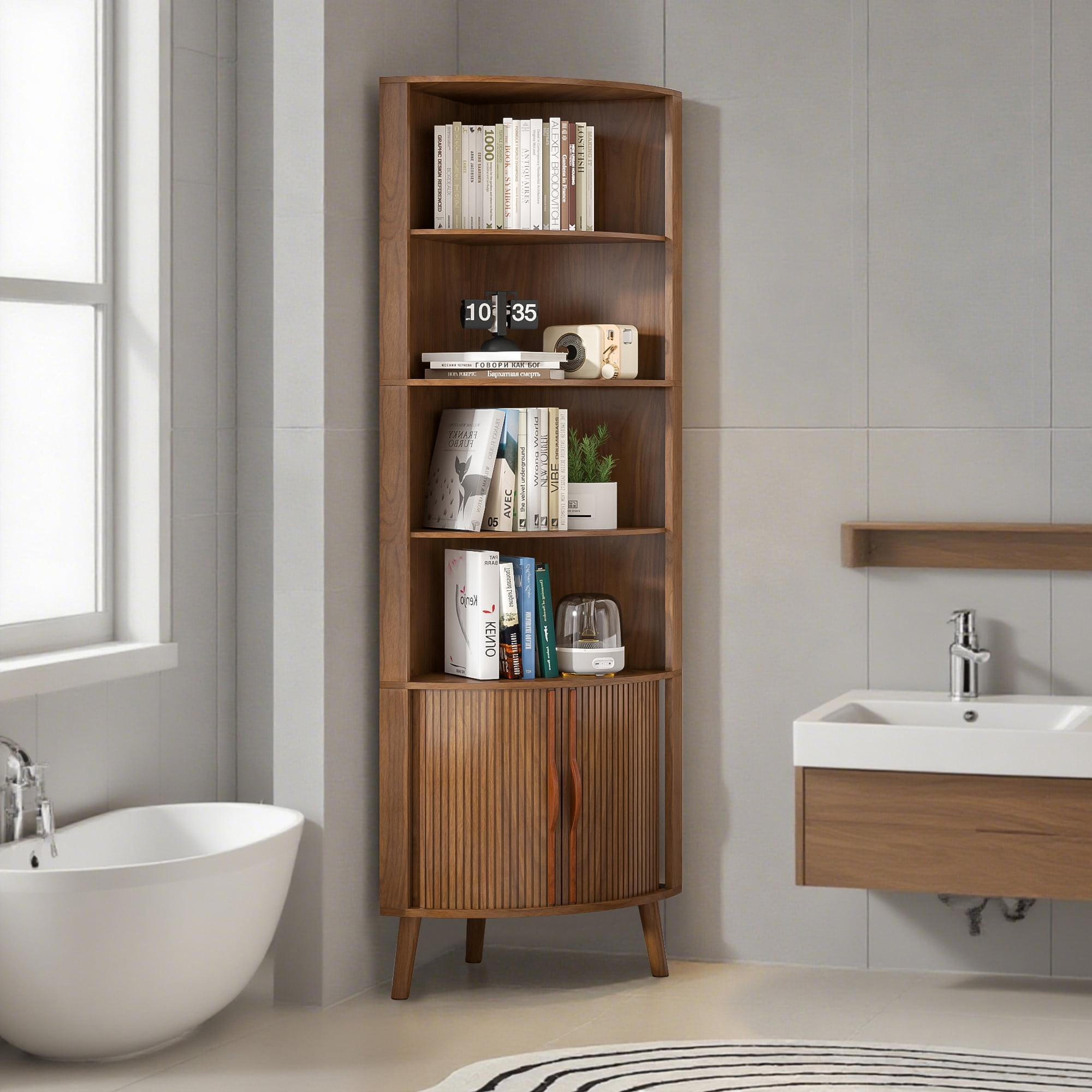 Bathroom Tall Corner Cabinet with Doors, Freestanding Corner Storage Cabinet for Kitchen, Living Room, Walnut