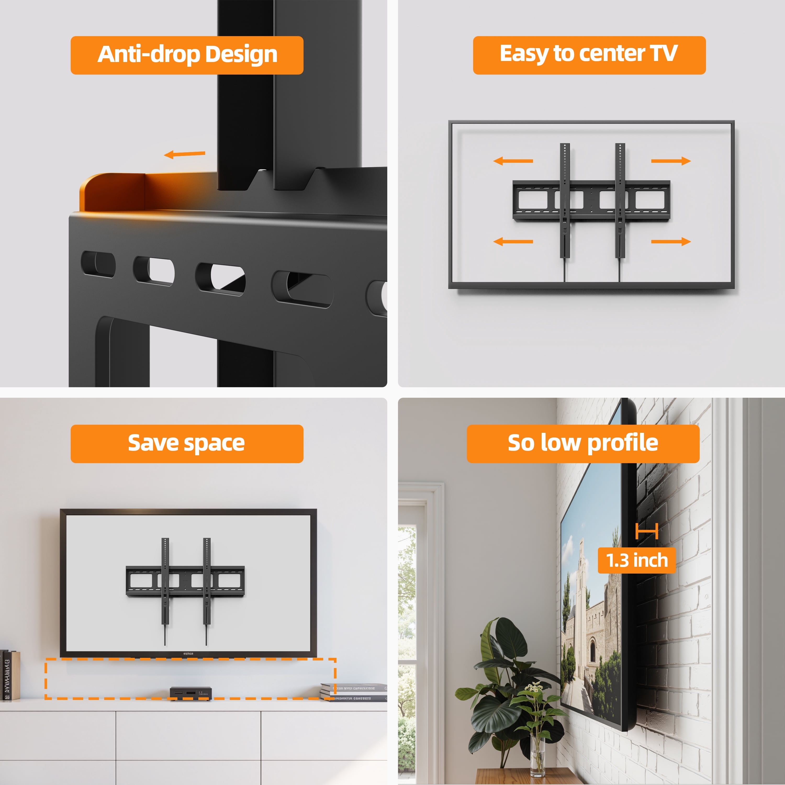 MountLiving Heavy Duty Fixed TV Mount for 42 to 120 inch Flat TVs, Low Profile TV Wall Mount Holds 200 lbs, Max VESA 800x600, Fits 16"/18"/32" Studs