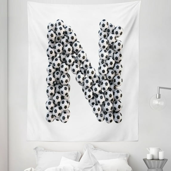 Letter N Tapestry, Hexagon Motifs Soccer Balls N Alphabet Composition Uppercase Illustration, Fabric Wall Hanging Decor for Bedroom Living Room Dorm, 5 Sizes, Black and White, by Ambesonne