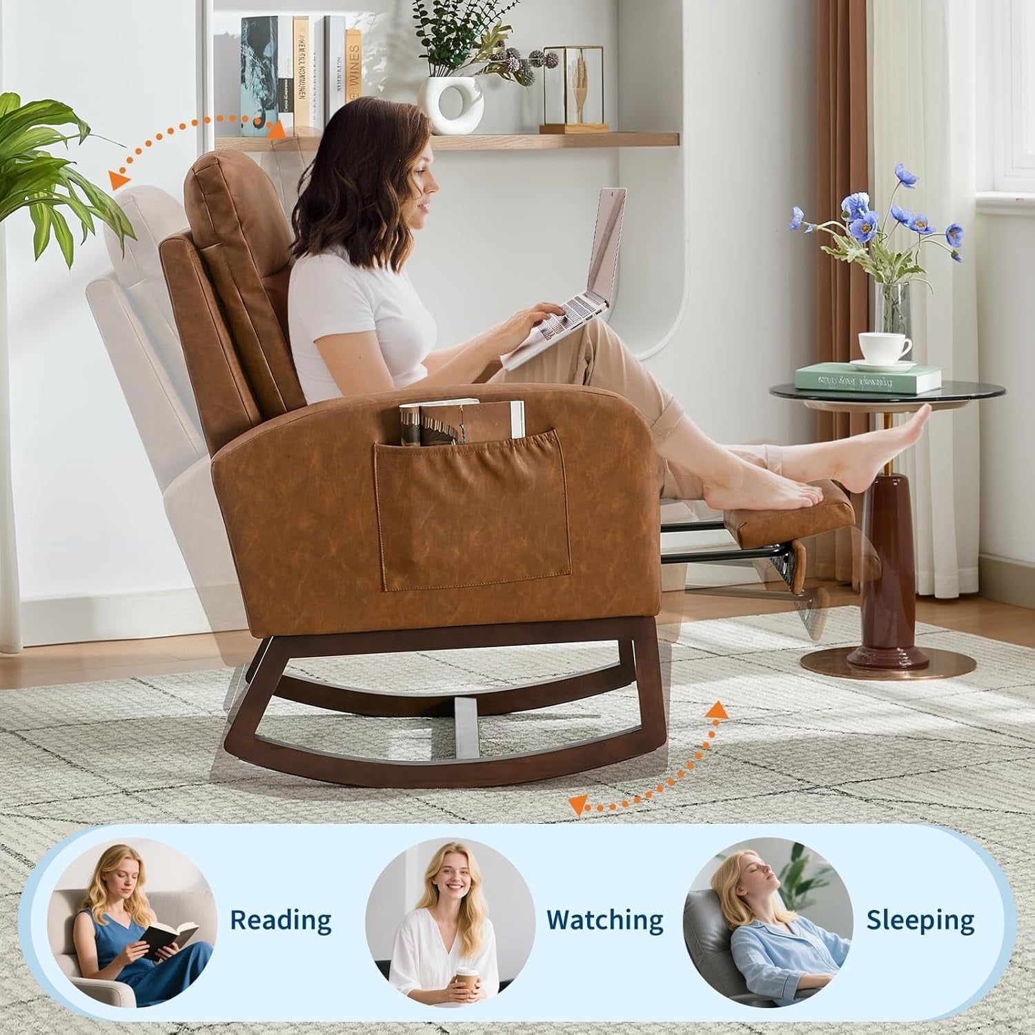 TEQIN Rocking Chair with Foot Rest, Modern Upholstered Reading Glider Rocker Accent Armchair with High Backrest, Rocker Glider Chair With Padded Seat, Side Pocket for Living Room, Bedroom