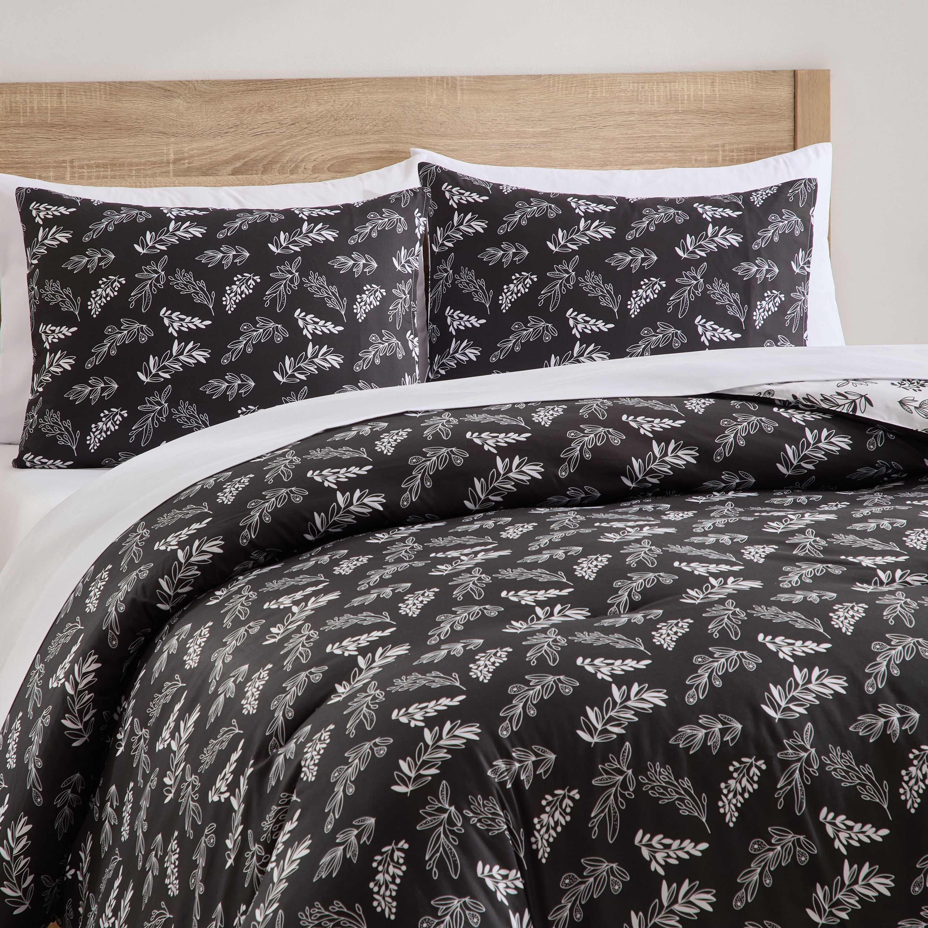 LammaLoe Twin XL Comforter Sets, 5 Piece Reversible Botanical Bed in a Bag, Dorm Bedding Comforter Set with Sheets, Modern Bed Set, Jet Black/Optical White