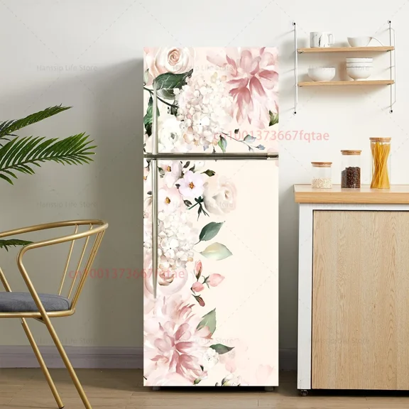 Illustration Flower Printed Fridge Door Sticker Waterproof PVC Removable Teleph Design Kitchen Cabinet Freezer Mural Decals
