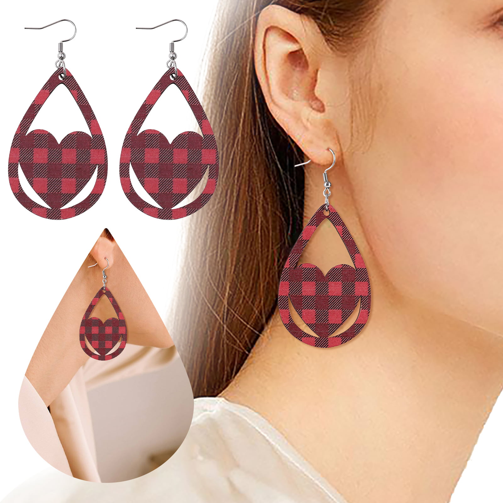 XIAQUJ Valentine's Day Red Love Drop Earrings Double Sided Wooden Earrings to Wear Decorative Girls Gifts Earrings Red, Adult Unisex, Size: One Size