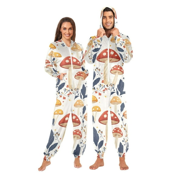 FORMRS Onesies Pajama for Adults Unisex Hoodie Winter Jumpsuit One Piece Sleepwear, Sizes S-2XL, White Mushroom