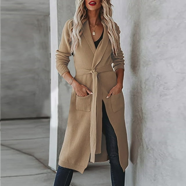 Suéter de mujer, cárdigan de longitud media, tejido con solapa y lazo, chaqueta para mujer