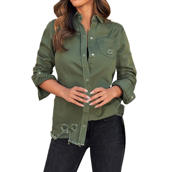 Vedolay Womens Tops Women's Oversized Lapel Button Up Long Sleeve Classic Jean Jacket,Green L