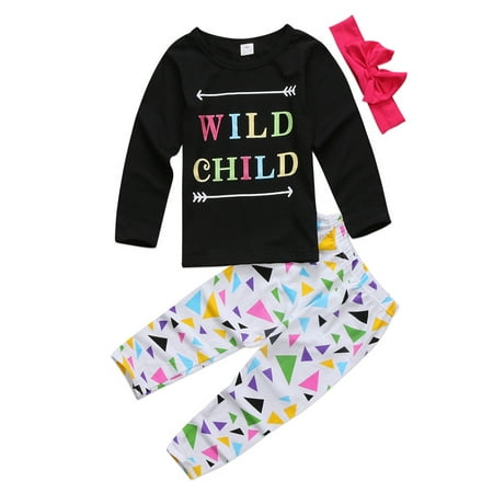 Little Girls Long Sleeve Wild Child T-Shirt And Pants + Headband 3pcs Outfits