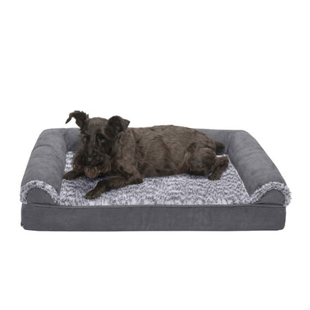 UPC: 0842229123951 | FurHaven Pet Products Orthopedic Two-Tone Faux Fur & Suede Sofa-Style Couch Pet Bed for Dogs & Cats – Stone Gray Medium