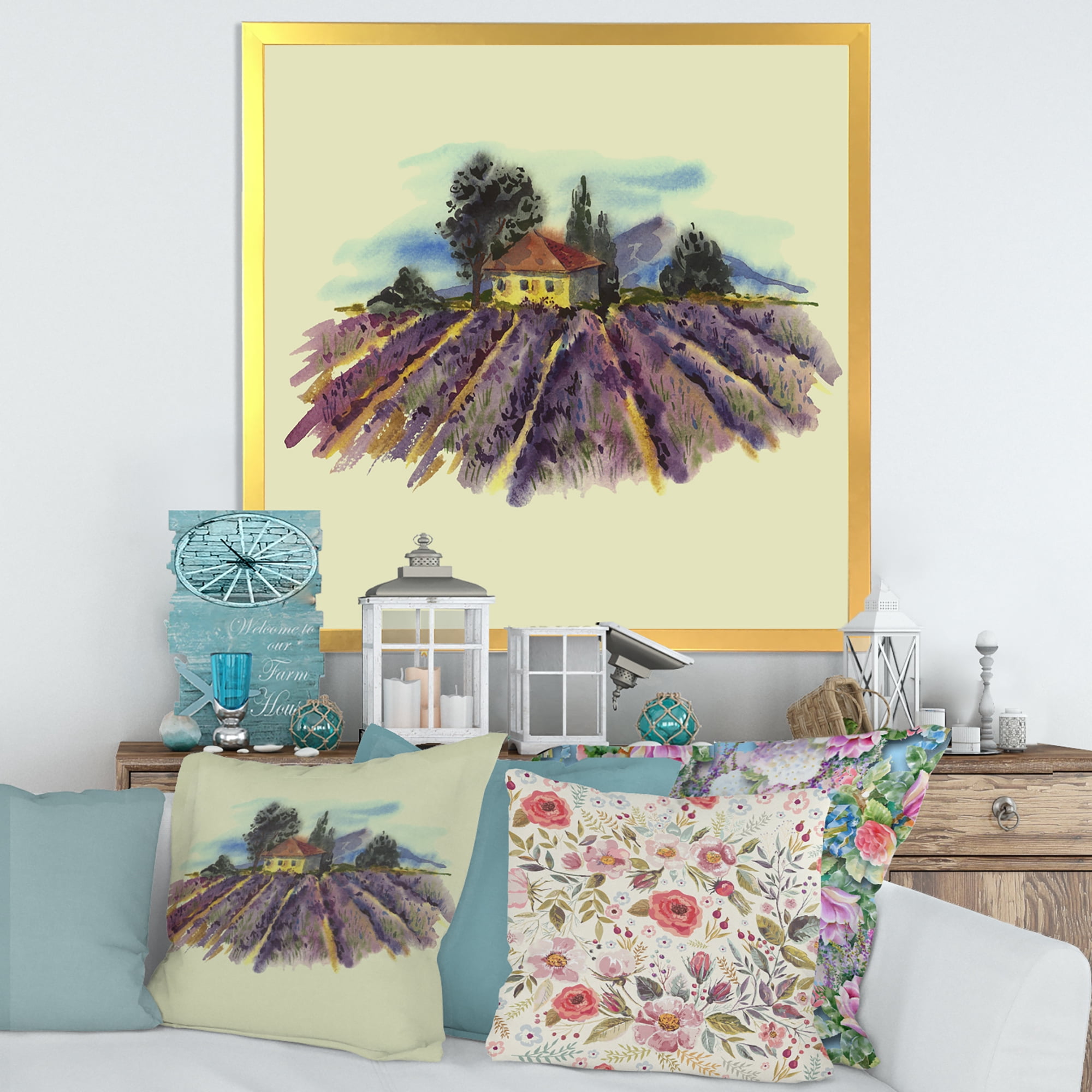 Designart 'Landscape With Blooming Lavender and Village House' Traditional Framed Art Print