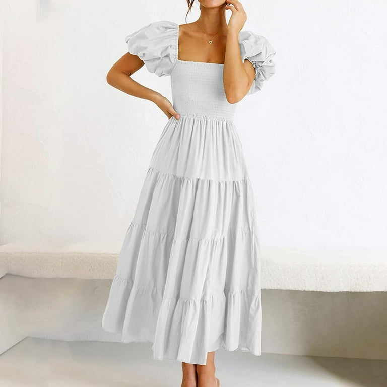 ワンピース Garden Party Ruffled Midi Dress ZZwxWA Summer Dresses for Women Short Sleeve Square Neck