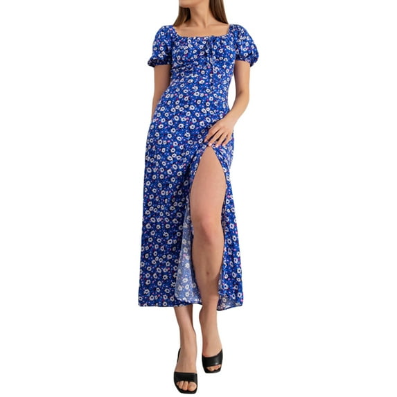 Seyurigaoka Women Summer Short Sleeve Dress with Boho Floral Print Square Neck Strap Split Version Sundress Clothing