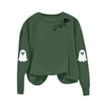 thumbnail image 5 of YOIAVAIOY Womens Halloween Sweatshirts Cute Ghost Heartbeat Print Fleece Crewneck Sweatshirt Spooky Season Holiday Shirt Fall Fashion Pullover Tops Army Green M, 5 of 9