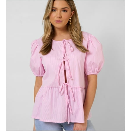 Women Bow Tie Front Shirt Top Cute Puff Sleeve Y2K Peplum Ruffle Babydoll Blouse Lace Up Summer Going Out