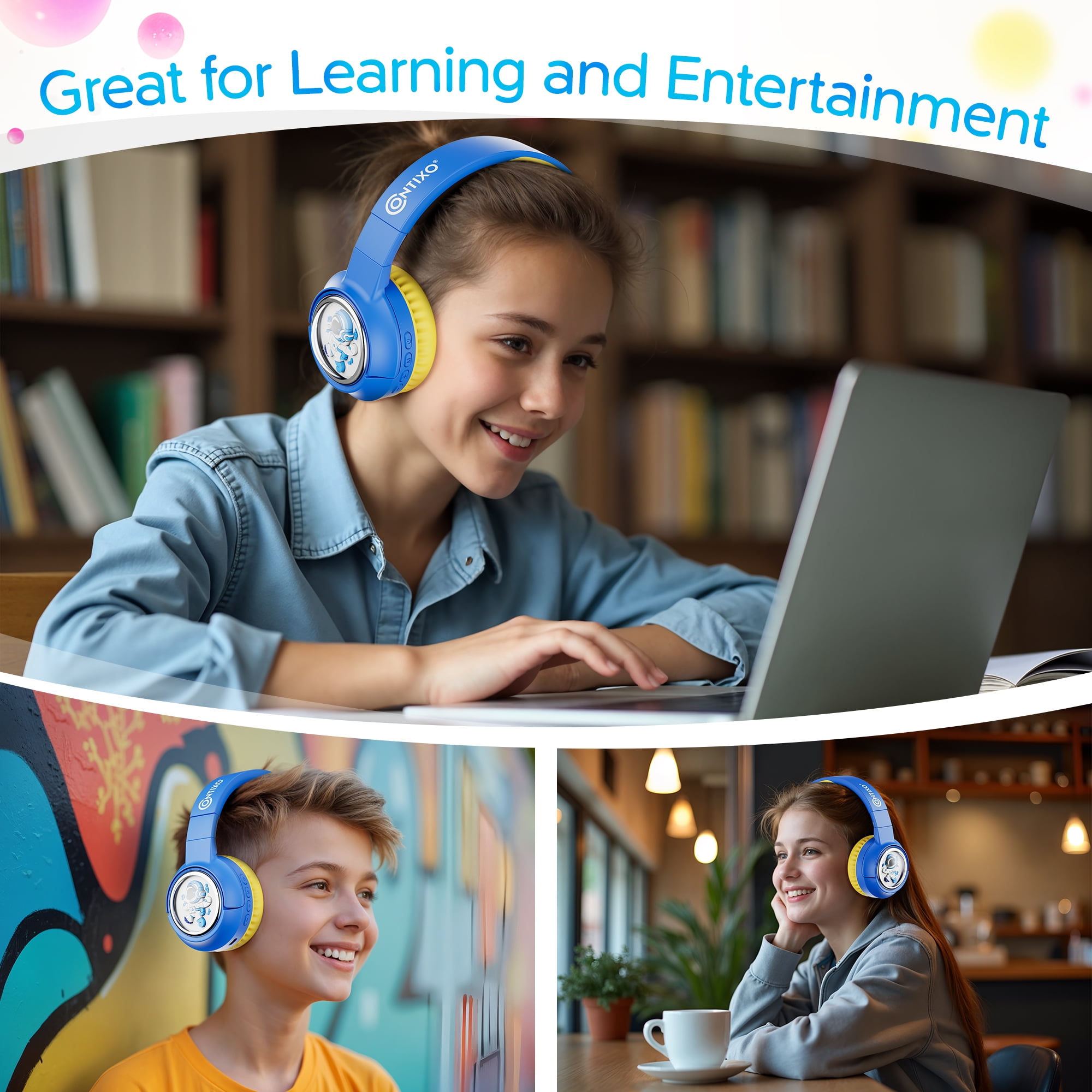 Contixo Foldable Kids Headphones with Microphone, Noise-Limiting Bluetooth Headphones, Blue