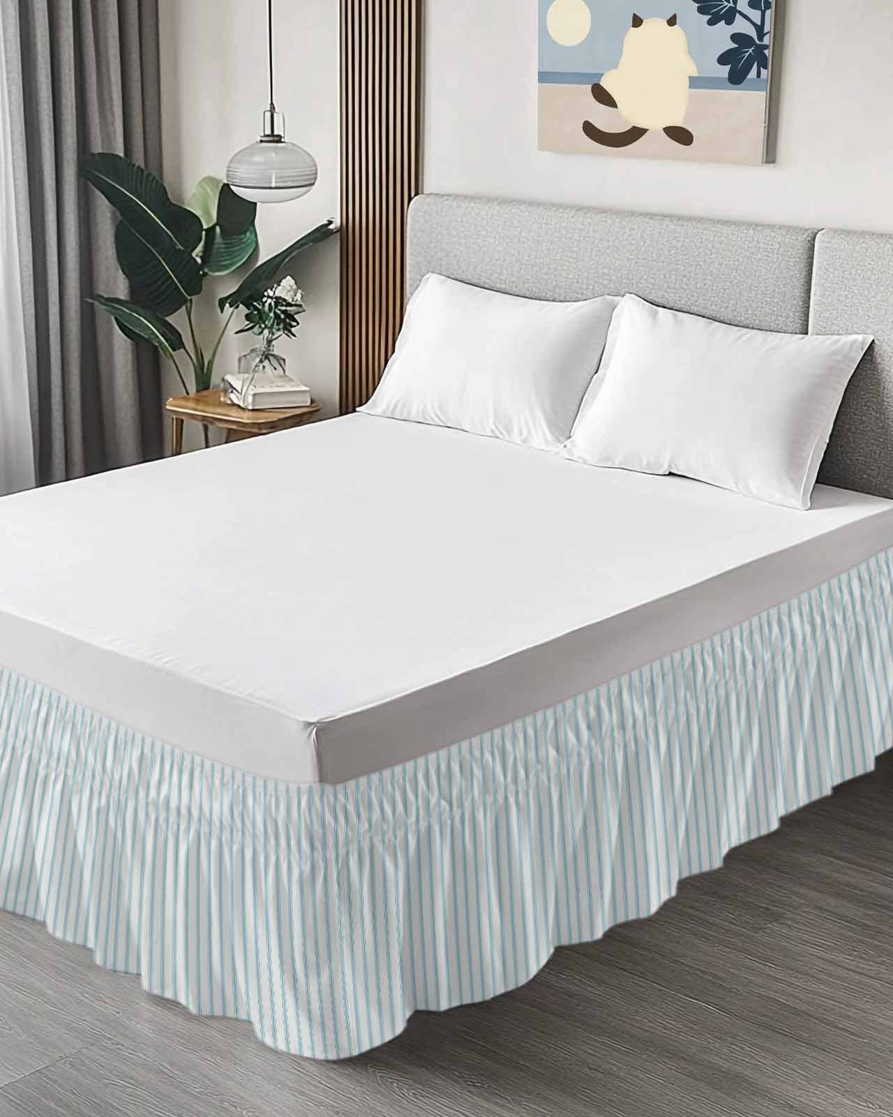 Blue Striped Wrap Around Bed Skirts for California King Bed 18" Drop,Bed Skirt with Adjustable Elastic Belt Dust Ruffle Bed Valance for Bedroom Hotel Blue White Stripes Farmhouse Bed Frame Cover