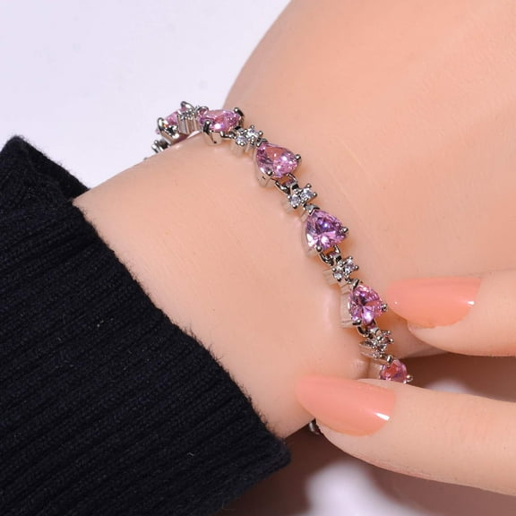 Heart - Pink Sapphire & CZ 925 Silver Tennis Bracelet 7.99" B68417, New Year Sale, Valentin's Day Gift