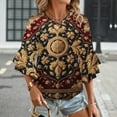 thumbnail image 3 of Gold And Red Ornate Floral Pattern Women's V-Neck Blouse With 3/4 Ruffled Bell Sleeves Casual Top Ladies Blouses, 3 of 7