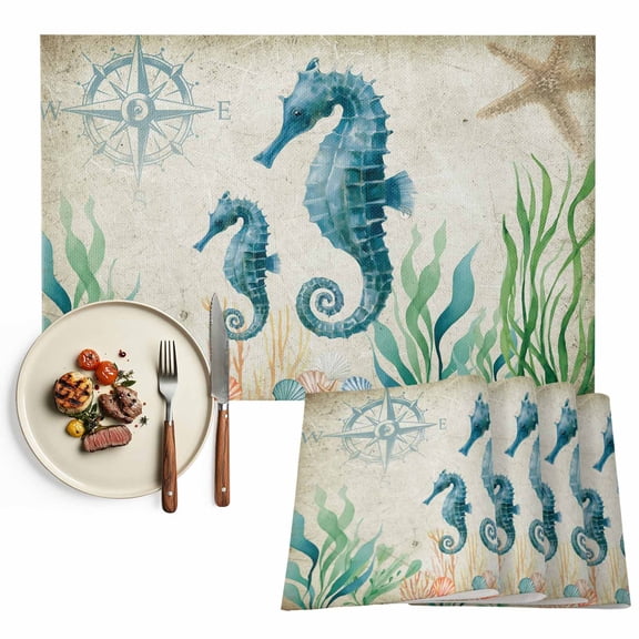 Beach Coastal Theme Placemat of 1 PC, Vintage Ocean Seahorse Table Mats Washable Heat-Resistant Non-Slip Place Mats for Kitchen Dinner Table Indoor Outdoor Decor,13x19 Inch