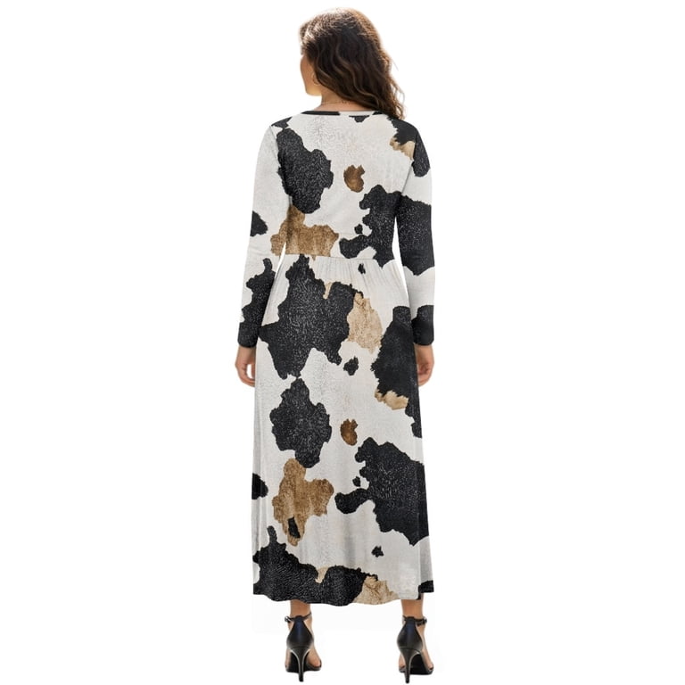 knee length dresses for ladies Cow Print V-Neck Long Sleeve Midi Dress – MyGirlfriend'sClosetBoutique main image 1