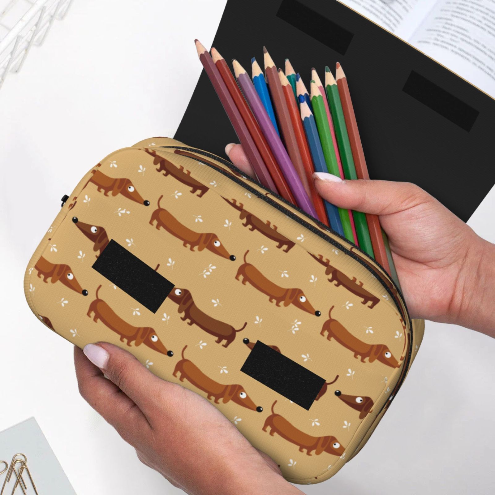 Rateoe Dachshund Dog Puppy Pattern Double Clamshell Pen Case, Storage Organizer with Two Zipper Compartments– Holds Up to 50 Pencils & Pens