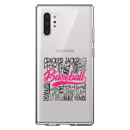 DistinctInk Clear Shockproof Hybrid Case for Galaxy Note 10 PLUS (6.8 Screen) - TPU Bumper Acrylic Back Tempered Glass Screen Protector - Baseball Word Art - Black & Pink