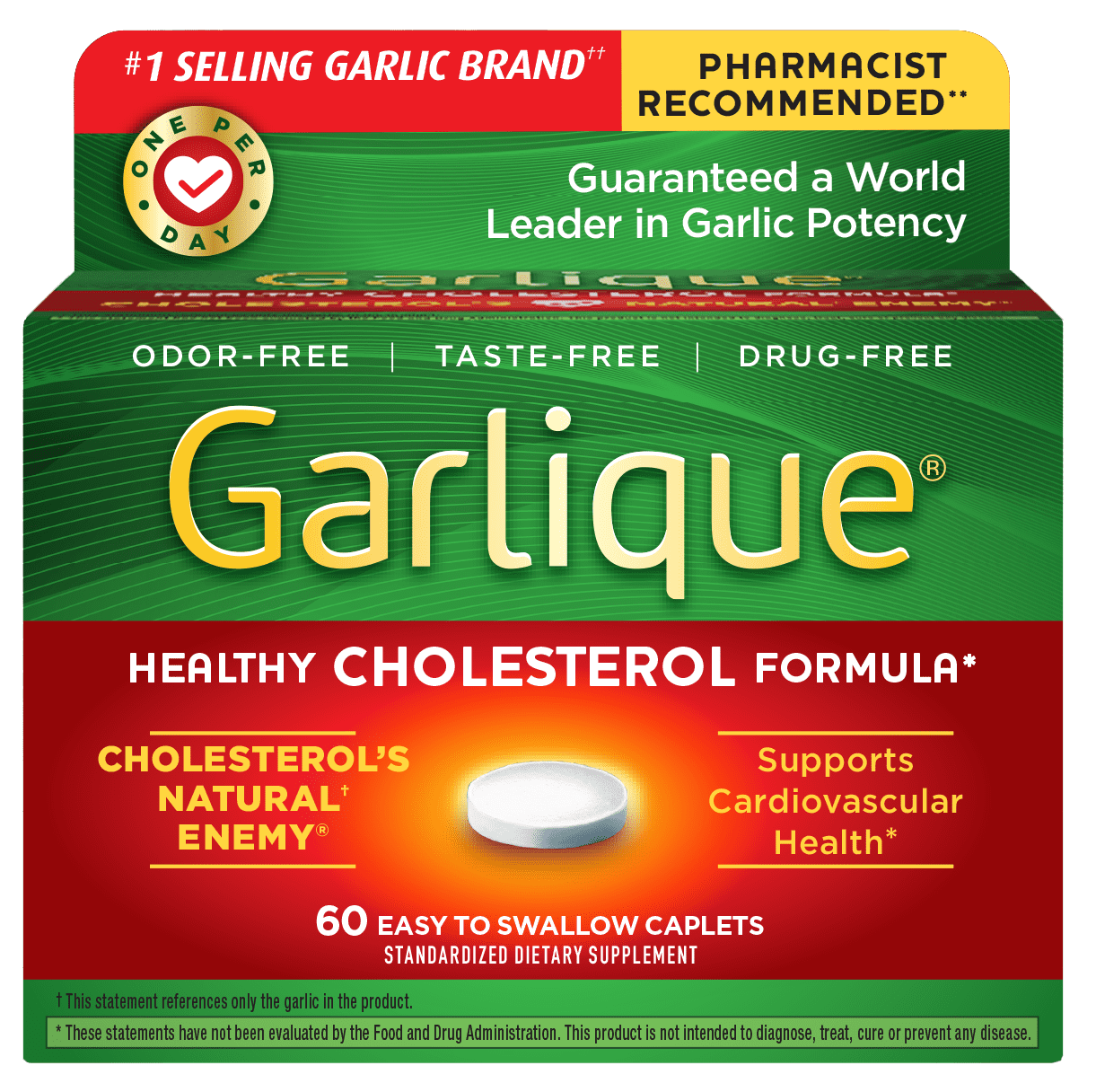 Garlique Healthy Cholesterol Supplement, Odor Free Garlic, 5000 mcg Allicin,  White Caplets 60 Ct