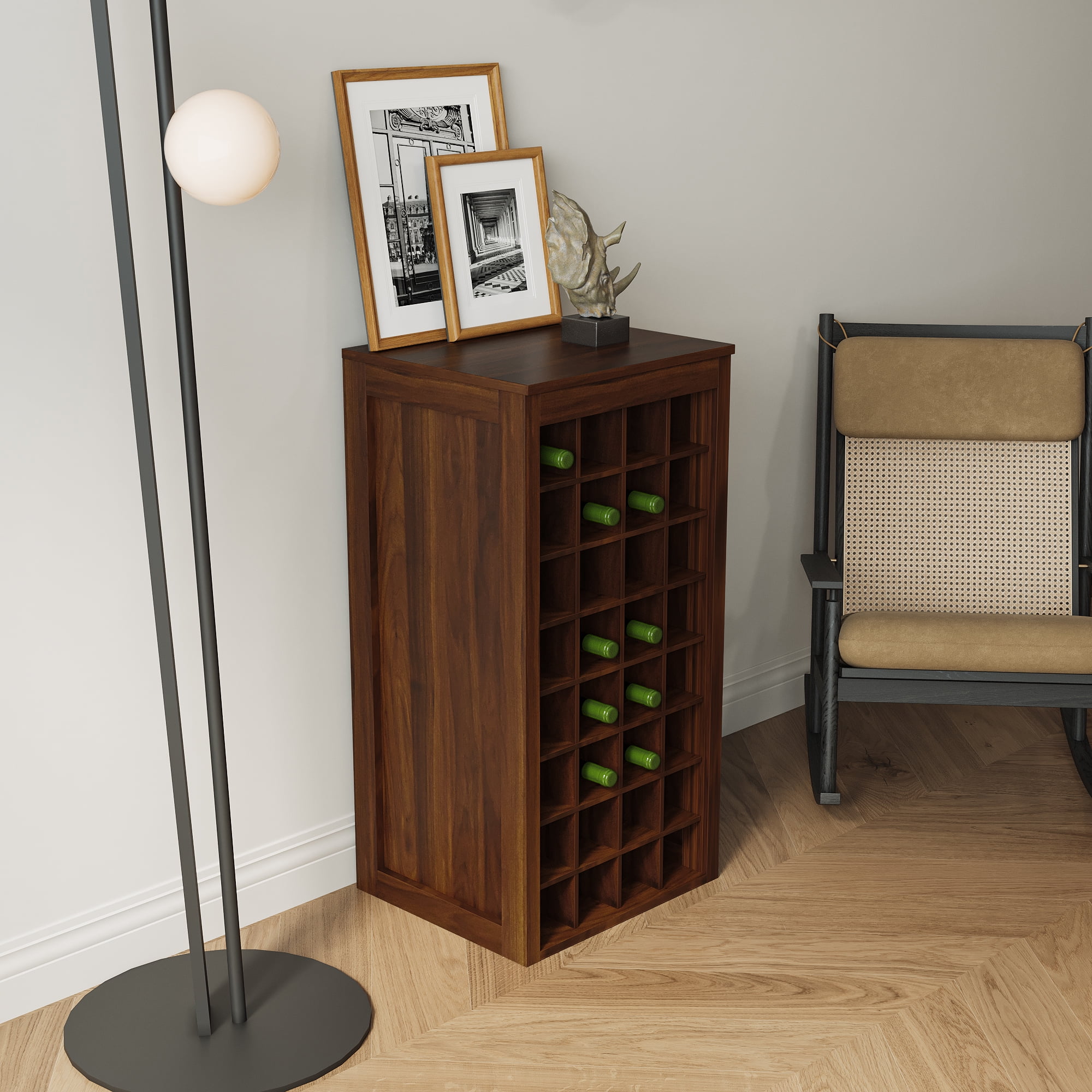 Wine Storage Cabinet Holds 32 Bottles, Modular Bar Cabinet or Buffet for Home Bar, Brown Walnut Finish, Designated Slots for Bottle Organization