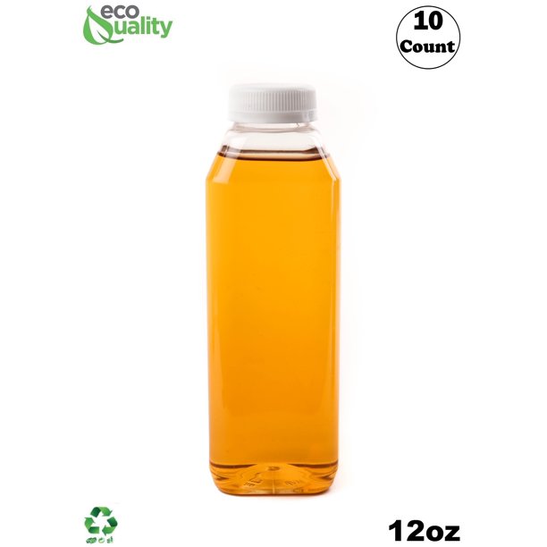 [10 PACK] 12 OZ Clear Square Plastic Juice Bottles with Tamper Evident