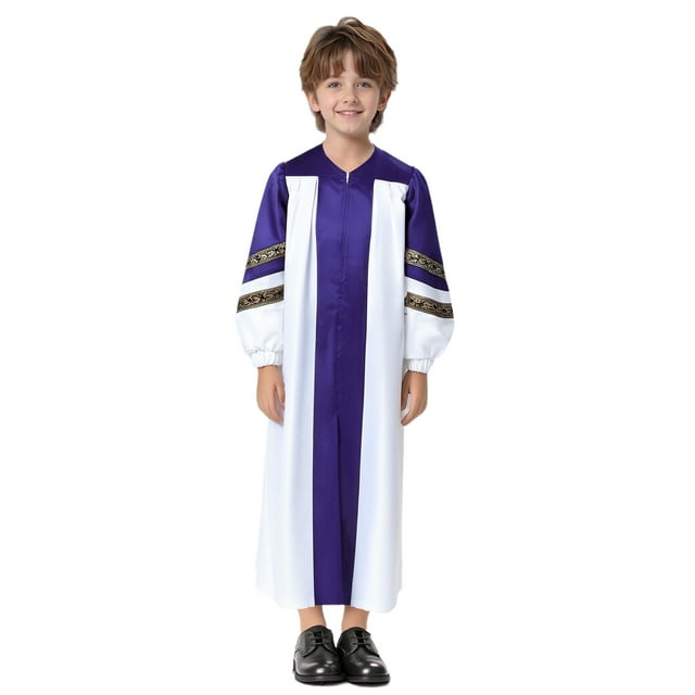 Moggemol Boys Graduation Gown Praise Dance Dress Color Block Long Sleeve Church Choir Robe Purple 10